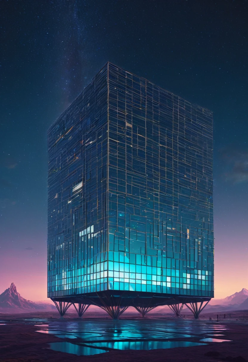 (best quality,,highres,masterpiece:1.2), magical view of a large building with a giant square structure in the middle, realism | beeple, beeple daily art, alien architecture, futuristic architectural art, beeple. hyperrealism, beeple |, beeple!!, by Beeple, beeple style, beeple masterpiece, inspired by starry night,
