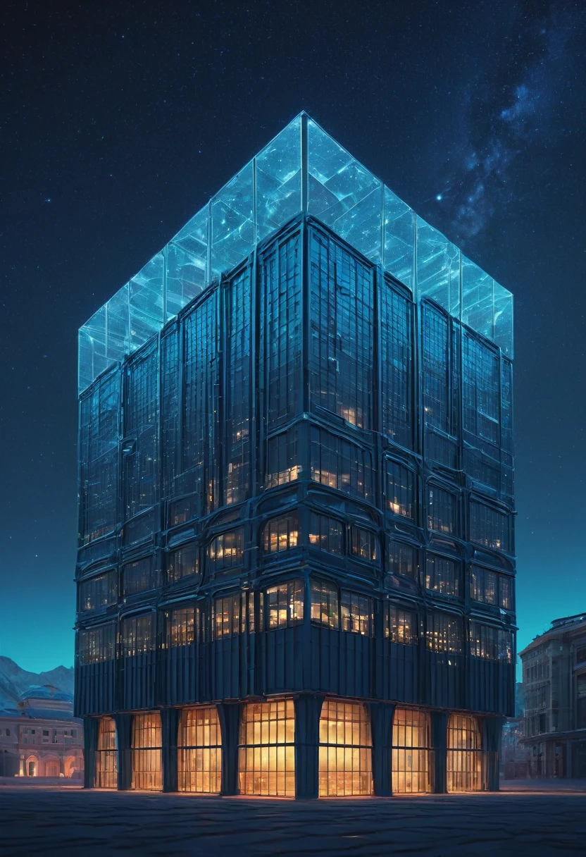 (best quality,,highres,masterpiece:1.2), magical view of a large building with a giant square structure in the middle, realism | beeple, beeple daily art, alien architecture, futuristic architectural art, beeple. hyperrealism, beeple |, beeple!!, by Beeple, beeple style, beeple masterpiece, inspired by starry night,