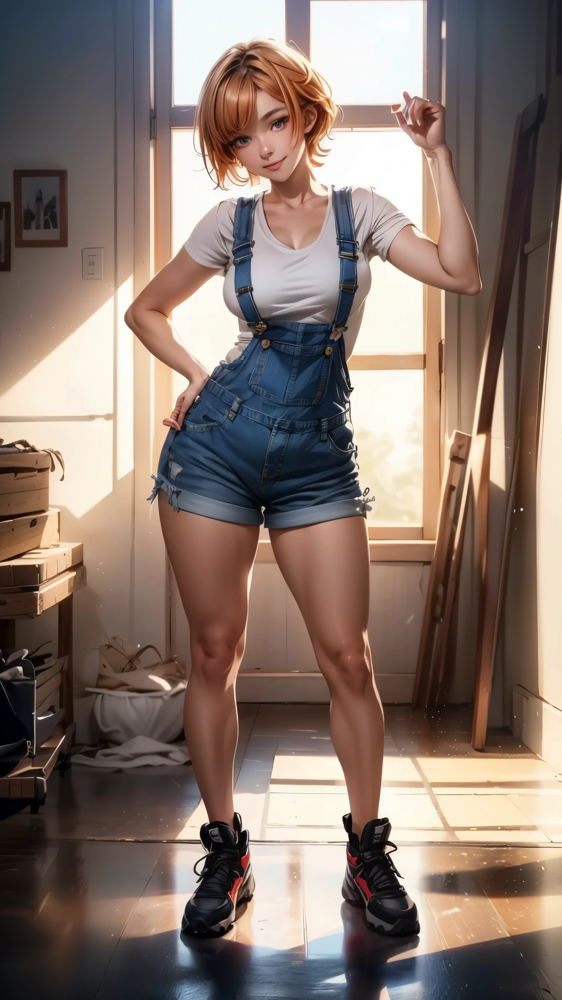 (3d anime woman with perfect anime eyes), (photo realistic:1.4), (Subsurface Scattering effect on skin:1.2), (bloom shader effect:1.2), (backlighted, full body shot: 1.5), (long stylized thick legs:1), (natural breasts:0.9), (gorgeous thick hips:1.1), (tanned skin:1.3), (26 years old woman construction worker, seductive smile), (orange straight short hair), ((wearing denim_overall)), (using tools), accurate, UHD, retina, masterpiece, anatomically correct, textured skin, ultra high detail, ultra high quality, award winning piece of art, ultra high resolution, better_hands, better_legs, perfect_hands, perfect_hands, better_eyes, beautiful_anime_eyes.