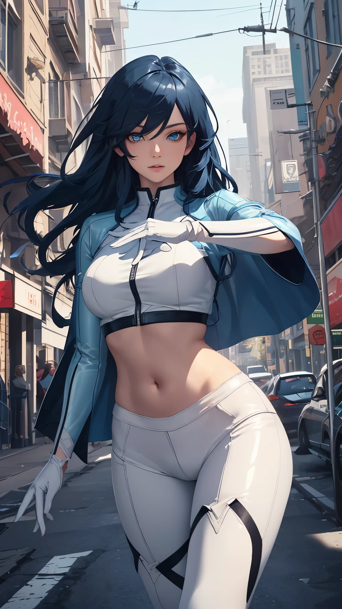 (Highly quality, masterpiece, detailed), city detailed scenario, city detailed background, solo, 1 woman, AeroMarvel, 1girl, solo, long hair, blue eyes, black hair, blue hair, white and light blue Leather cropped top, sleeves, white and light blue leather pants, White Gloves, beautiful eyes, Sexy pose