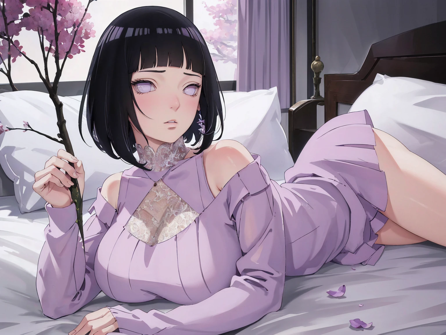 { - anatomy error} (Masterpiece - Ultra-detailed, very high resolution) (huge titusty, masterpiece, absurdres, hinata\(boruto\), 1girl, solo,mature female, off-shoulder bra, high waist black short skirt, looking at viewelling petals), perfect composition, detailed lips, big breast, beautiful face, body propotion, blush, (pink lips), short hair, (black hair), purple eyes, soft gaze, super realistic, detailed, photoshoot, realistic face and body, closed mouth, laying on the bed , Lie on your stomach on the bed, lilac eyes, upper body, lace clothes, with chin resting on shoulder, perfect fingers