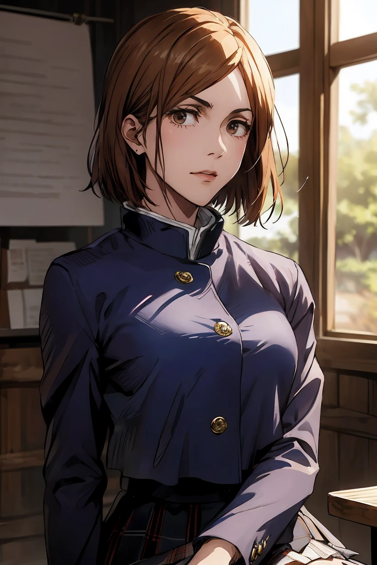 1girl, cowboy shot, beautiful Nobara, school_uniform, bangs, jacket,, volumetric lighting, best quality, masterpiece, intricate details, tonemapping, sharp focus, hyper detailed, trending on Art Station, 4k, upper body, backwards, sitting