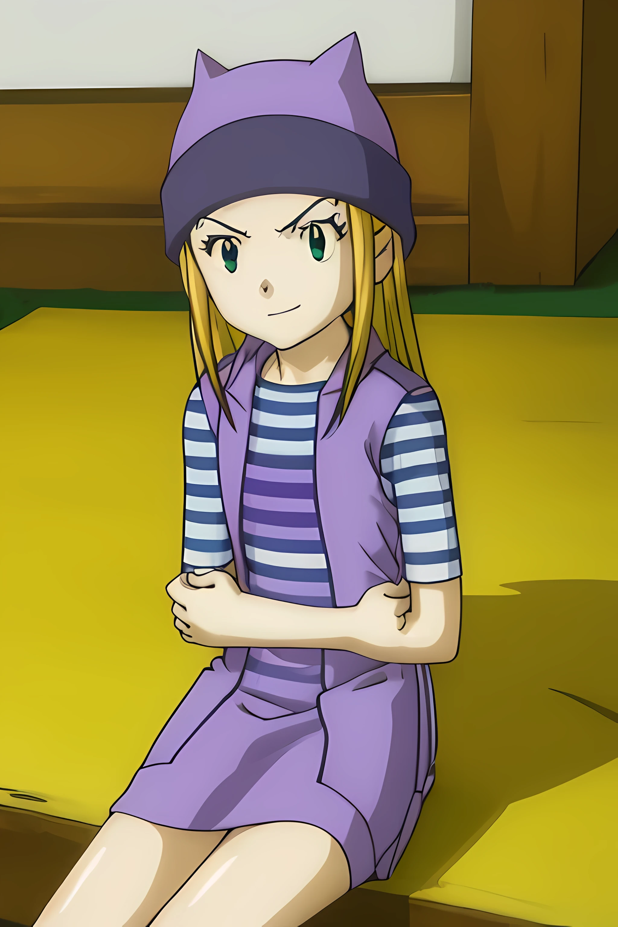 kotoriitsuka, izumi orimoto, long hair, (green eyes:1.5), blond hair, ahoge, (medium size breast:1.2),
BREAK (purple vest:1.7), ( blue white striped shirt:1.5), vest (purple coat:1.5), purple beanie, purple vest, purple miniskirt, blue white striped shirt, long purple socks, sneakers, purple vest, striped shirt, beanie, cat hat
BREAK looking at viewer, (sitting:1.5), throne, from below, smile, angry, chair, crossed arms,
BREAK indoors,
BREAK (masterpiece:1.2), best quality, high resolution, unity 8k wallpaper, (illustration:0.8), (beautiful detailed eyes:1.6), extremely detailed face, perfect lighting, extremely detailed CG, (perfect hands, perfect anatomy),