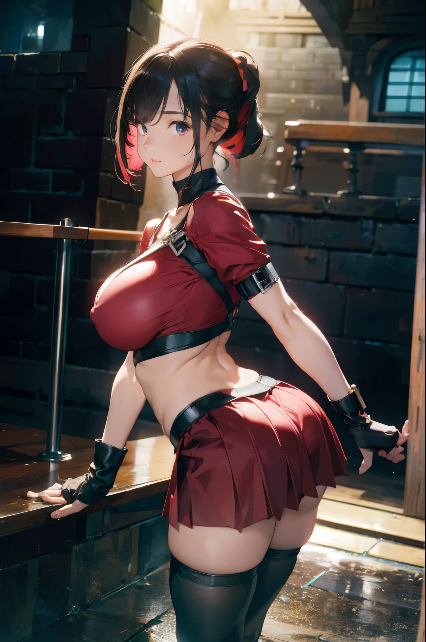 Unreal Engine 5 Realistic Rendering, (masterpiece, best quality), intricate details, (best quality)), ((masterpiece)), ((actual)), (Surrealism:1.2), (fractal art:1.2),
1 girl, 7rtifa, crop top, Arm guards, fingerless gloves, sling, pleated mini skirt, black stockings, Red boots extremely detailed eyes, rich and colorful, most detailed,
bright colors, high contrast,
(8K Ultra HD:1.2), (photoactual:1.2), pretty face, top body is hyper actual thicc muscle and hyper largest_breast!! with breast type_Melons, Huge butt below, Moist and shiny body