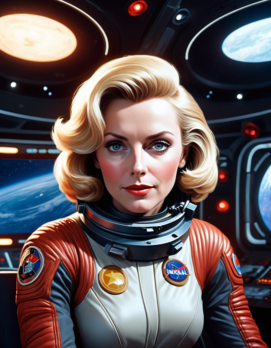 (masterpiece, best quality, illustration, unreal engine 5, official art:1.3), Rich Red color scheme, Don Lawrence hyper realistic picture of Blond Haired [Marilynn Monroe:Elisabeth Sladen:0.45] as a Female Space Explorer, a technocratic, omnivorous, iridescent, astronaut commander, (sitting in a starbase control room:1.2),detailed face, detailed hair, detailed eyes, perfect fingers, insanely intricate detail, absurdres, 8k