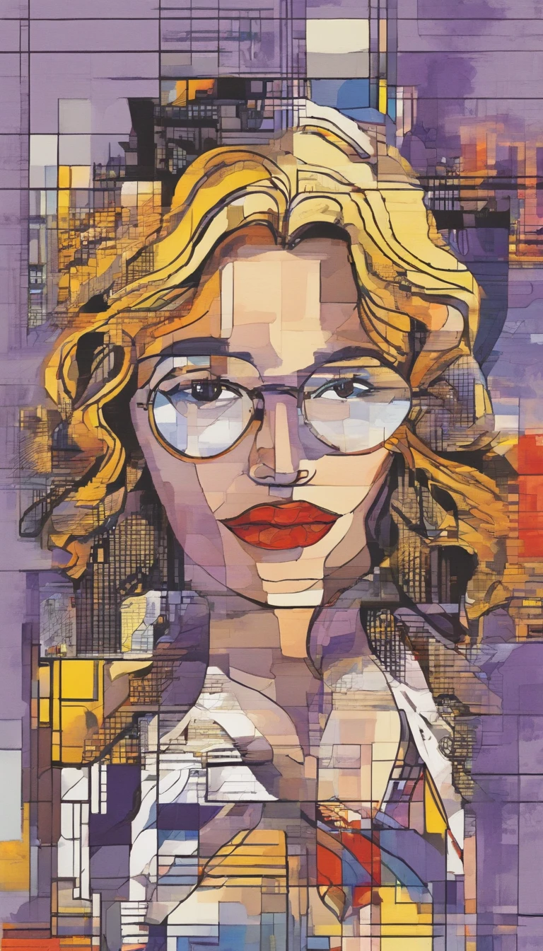 Partial front approximate view of the scene; details in 8k; precision in details; Pablo Picasso style drawing. Wood splash; high color contrast; Abstract artistic drawing textured background of a brunette woman with long, wavy hair wearing square glasses, woman smiling with red lipstick, face more toned and rounded and with slight dimples near the mouth, wearing a black coat with a yellow t-shirt underneath looking at the right, lilac white colors in the environment, illustration, watercolor illustration, professional illustrator, best watercolor, ink and watercolor paintings, alcohol ink, vibrant colors, perspective view, centered, perspective lines;