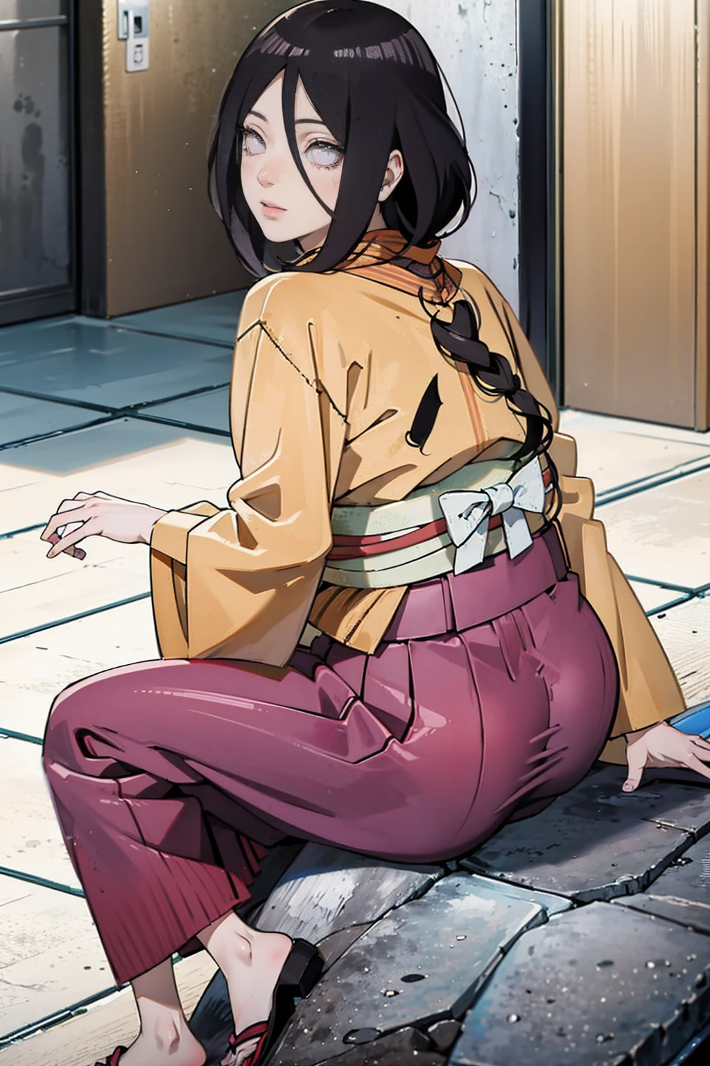tmasterpiece, hoang lap , (Complicated details), (rich colourful), movie lighting, bust, the Extremely Detailed CG Unity 8K Wallpapers , Hinata flower ratio, 1girll, solo, orange kimono, Red hakama skirt, obi strip, Wide sleeves, looking at viewert, ventania, Combat posture, Low hair tied long,dinamic poses, lilac eyes, sitting oh the floor, backwards, looking back
