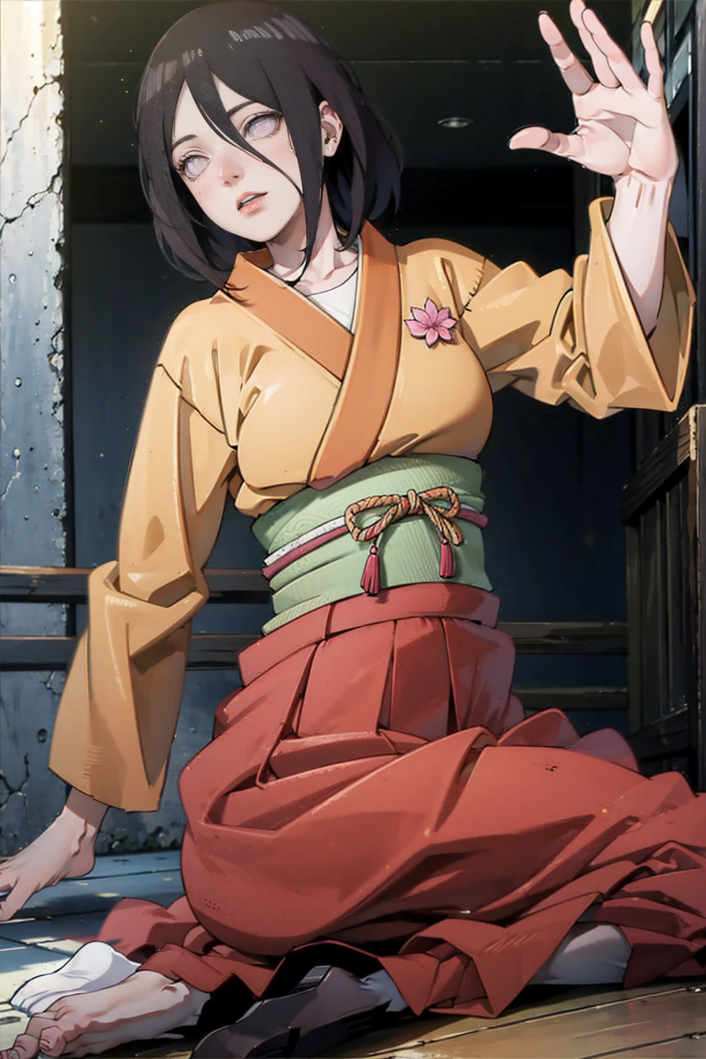 tmasterpiece, hoang lap , (Complicated details), (rich colourful), movie lighting, bust, the Extremely Detailed CG Unity 8K Wallpapers , Hinata flower ratio, 1girll, solo, orange kimono, Red hakama skirt, obi strip, Wide sleeves, looking at viewert, ventania, Combat posture, Low hair tied long,dinamic poses, lilac eyes, sitting oh the floor, backwards, looking back
