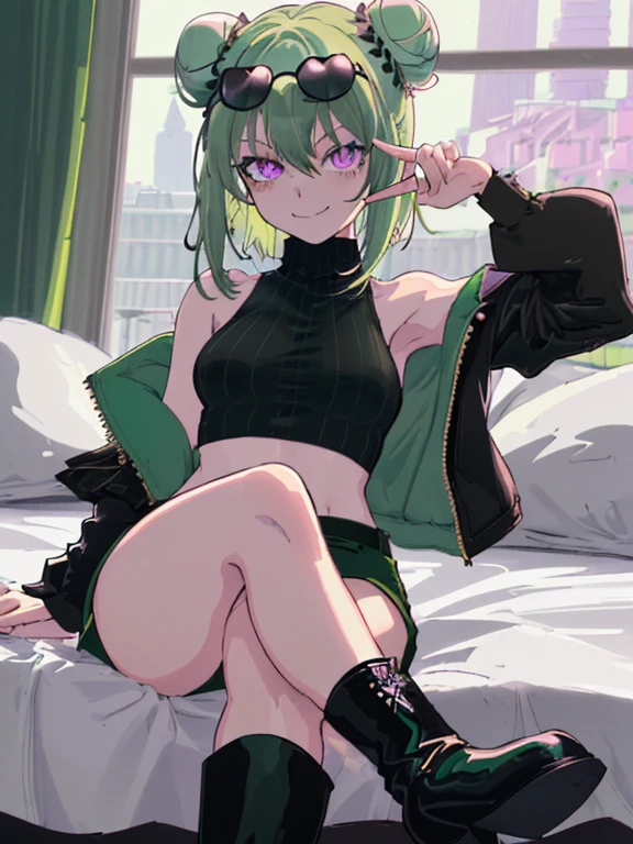 (highres), (best quality), (detailed) 1 girl, alone, medium hair, pastel green hair, twin buns, villain smile, violet eyes, round black sunglasses on head, bedroom, black sleeveless turtleneck top, green shorts, dark brown boots, sitting on bed, crossed legs