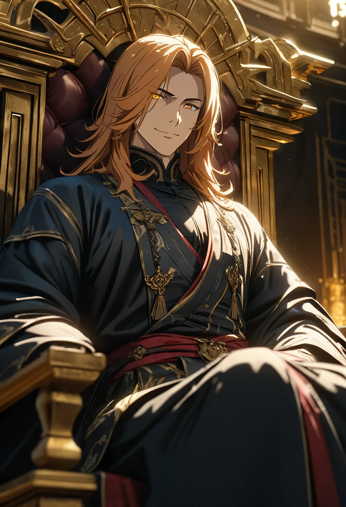 ((solo)), (man), confident smile, golden eyes, (ginger hair), medium hair, straight hair, (mature), (45 year old), sitting on a golden throne in a throne room, detailed key anime art, casimir art, masamune shiro, masamune, ((handsome)), handsome guy in demon slayer art, heise jinyao, shadowverse style, (no logos), (detailed royal clothes), eye reflection, shiny hair, depth of field, cinematic lighting, ray tracing, depth of field, cinematic lighting, ray tracing, UHD, high details, best quality, highres, high quality, award winning, super detail, masterpiece, 8k, UHD, high details, best quality, highres, high quality, award winning, super detail, masterpiece, 8k