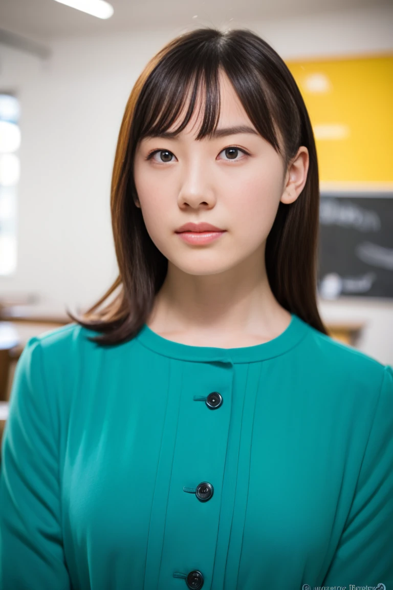 (Top Quality, 16k, High Resolution, Masterpiece: 1.2), Super Detailed, (Realistic, Photorealistic, Photorealistic: 1.37), (Full Body Image), 25 years old, unconscious, in fear, anxious expression, beautiful details face, detailed illustrations, Renaissance art, delicate artwork, soft pastel color palette, female teacher, standing in a high school classroom