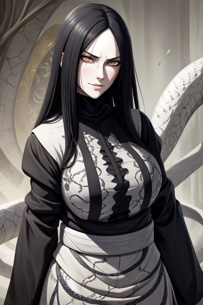 {-erro_de_anatomia:1.0} estilo anime, Masterpiece, absurdities, Orochimaru\(Naruto\), 1girl Solo, Mature woman, Oversized shirt with broad shoulders, Perfect composition, Detailed lips, large breasts, Beautiful face, body proportion, Blush, Long black hair, ( black hair), yellow eyes, Soft gauze, Super realistic, Detailed, photo shoot, Realistic faces and bodies, masterpiece, best quality, best ( white snake) illustration, hyper detailed, 1 girl, solo, glamorous, blushing, whole body,