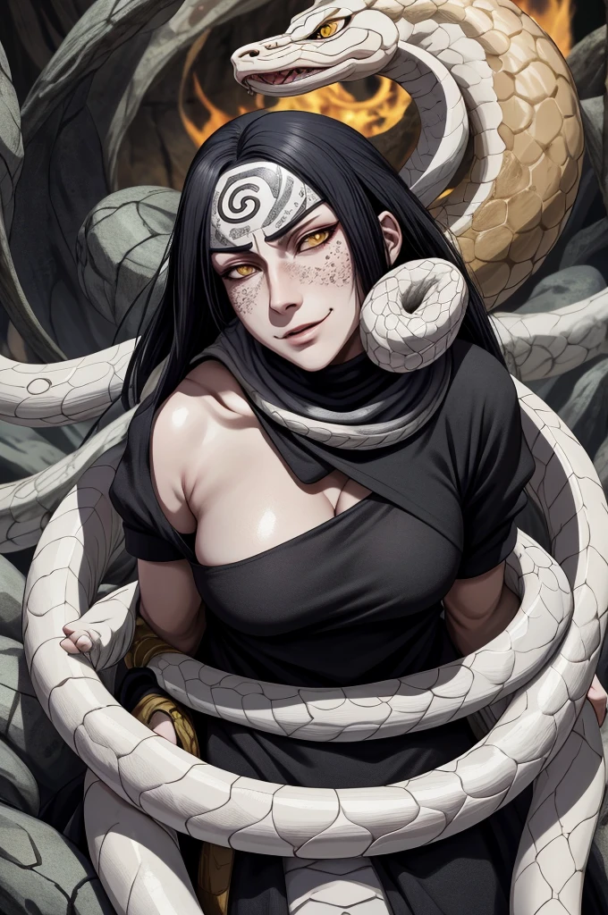 {-erro_de_anatomia:1.0} estilo anime, Masterpiece, absurdities, Orochimaru\(Naruto\), 1girl Solo, Mature woman, Oversized shirt with broad shoulders, Perfect composition, Detailed lips, large breasts, Beautiful face, body proportion, Blush, Long black hair, ( black hair), yellow eyes, Soft gauze, Super realistic, Detailed, photo shoot, Realistic faces and bodies, masterpiece, best quality, best ( white snake) illustration, hyper detailed, 1 girl, solo, glamorous, blushing, whole body, 