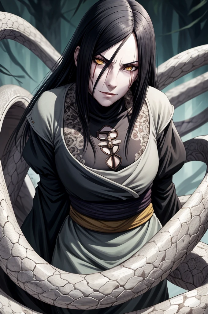 {-erro_de_anatomia:1.0} estilo anime, Masterpiece, absurdities, Orochimaru\(Naruto\), 1girl Solo, Mature woman, Oversized shirt with broad shoulders, Perfect composition, Detailed lips, large breasts, Beautiful face, body proportion, Blush, Long black hair, ( black hair), yellow eyes, Soft gauze, Super realistic, Detailed, photo shoot, Realistic faces and bodies, masterpiece, best quality, best ( white snake) illustration, hyper detailed, 1 girl, solo, glamorous, blushing, whole body,