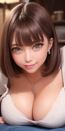 (最high quality、Highest image quality、Detailed image quality、Raw photo:1.3)、(detailed face、detailed limbs、detailed fingertips)、anatomically correct、1 girl、Beauty Announcer、short bob hair、brown hair、straight hair、brown eyes, Lipstick, smile, table top, high quality、sexy pose、plump nipples、(Light beige off-the-shoulder short-sleeve knit)、medium big breasts、soft breasts、(denim mini skirt)、knee high stockings、high heel boots、luxury earrings、Beautiful Necklace、(butt sticking out pose)、^_^full body、standing position、