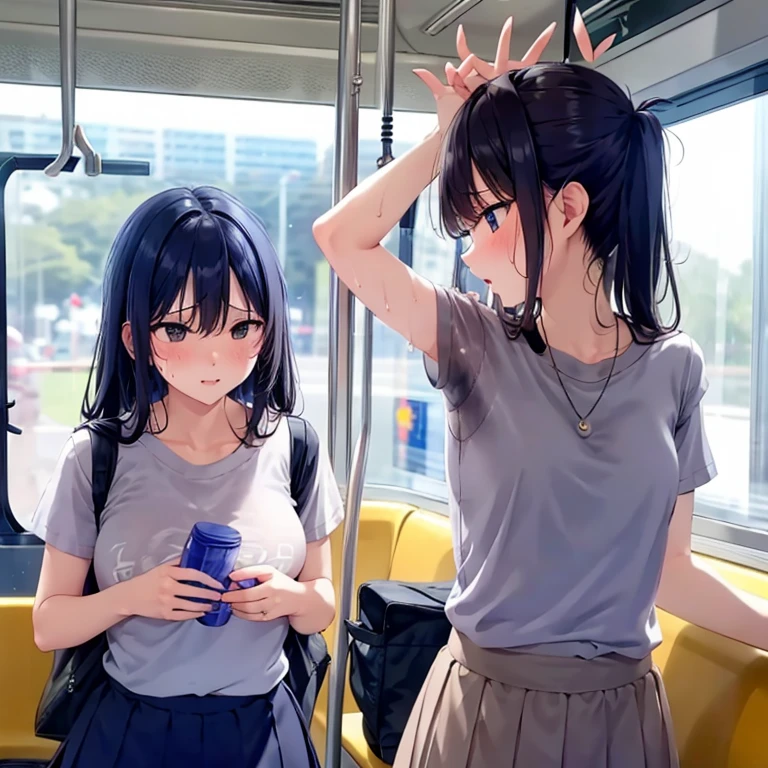 NSFW、masterpiece、high school girl、summer、crowded train、Stand up and hold on to the strap、gray t-shirt、short skirt、(((脇Sweat)))、(((Wakiga)))、(((Sweat)))、(((odor)))、((masturbation))、(((Sweat染み)))、((love juice))、People around me smell bad