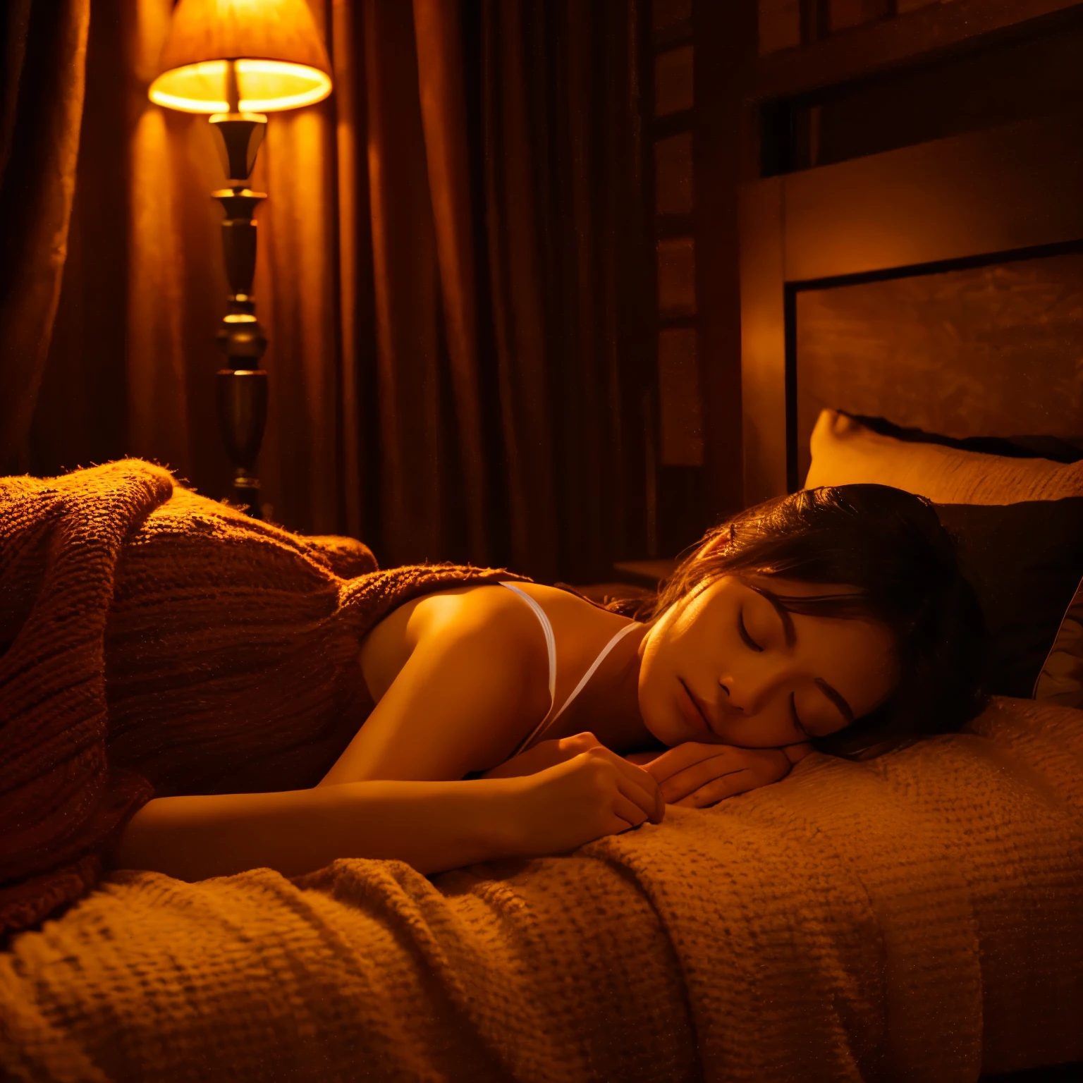 4K, 8K, masterpiece, best quality, Upper body,indoors, dim, The age of the actress is 23 years old, Sleep at night,warm atmosphere