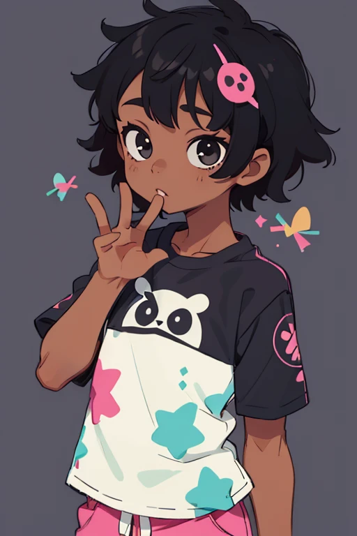 A young dark skinned ??? with short black hair wearing decora kei clothing