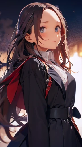 highest quality、realistic、Japanese、girl、zoom、look up、cute、gray eyes、long hair、brown hair、all back、Forehead is coming out、red long coat、black bustier、Black culotte skirt、face close up