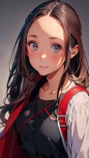highest quality、realistic、Japanese、girl、zoom、look up、cute、gray eyes、long hair、brown hair、all back、Forehead is coming out、red long coat、black bustier、Black culotte skirt、face close up