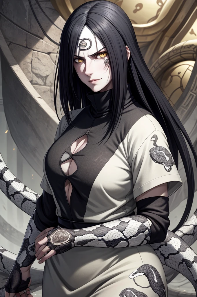 {-erro_de_anatomia:1.0} estilo anime, Masterpiece, absurdities, Orochimaru\(Naruto\), 1girl Solo, Mature woman, Oversized shirt with broad shoulders, Perfect composition, Detailed lips, large breasts, Beautiful face, body proportion, Blush, Long black hair, ( black hair), yellow eyes, Soft gauze, Super realistic, Detailed, photo shoot, Realistic faces and bodies, masterpiece, best quality, best ( white snake) illustration, hyper detailed, 1 girl, solo, glamorous, blushing, whole body, 