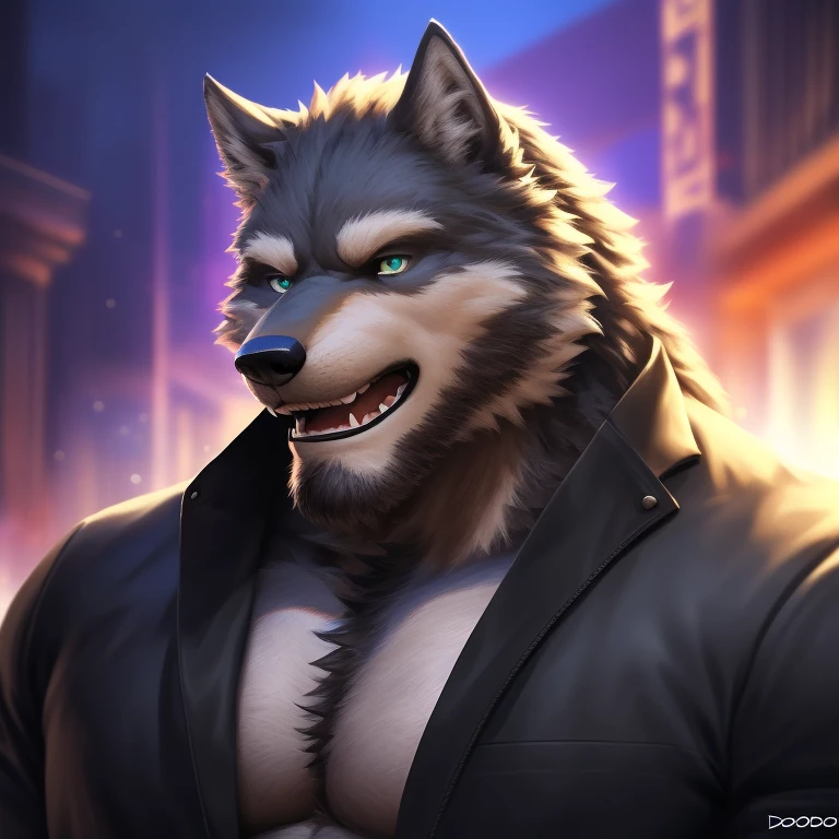 (solo, male:1.1, canine, wolf:1.1, werewolf, muscular, large muscles, large pectorals, mature male, older, facial hair, beard, happy, grey fur, teal eyes:1.1, body hair, full-body:1.1, by doooo2424), (best quality:1.2, 4k, 8k, highres, masterpiece:1.2), ultra-detailed, (realistic:1.37, photorealistic:1.37), HDR, UHD, studio lighting, ultra-fine painting, sharp focus, physically-based rendering, extreme detail description, professional, vivid colors, bokeh, portraits, wolf-human hybrid, strength, power, fierce expression, mysterious background lighting, surreal atmosphere