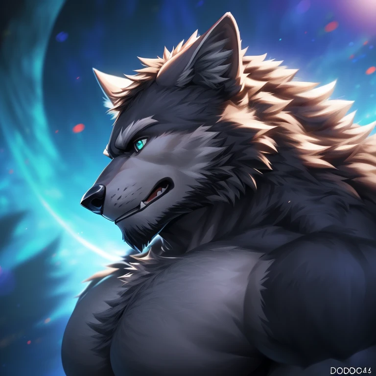 (solo, male:1.1, canine, wolf:1.1, werewolf, muscular, large muscles, large pectorals, mature male, older, facial hair, beard, happy, grey fur, teal eyes:1.1, body hair, full-body:1.1, by doooo2424), (best quality:1.2, 4k, 8k, highres, masterpiece:1.2), ultra-detailed, (realistic:1.37, photorealistic:1.37), HDR, UHD, studio lighting, ultra-fine painting, sharp focus, physically-based rendering, extreme detail description, professional, vivid colors, bokeh, portraits, wolf-human hybrid, strength, power, fierce expression, mysterious background lighting, surreal atmosphere