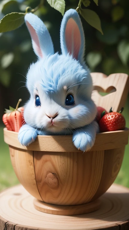 :3. Light blue bunny baby, actual, hairy, animals in clothes, apple, Bear, Teak, cherry, food, fruit, whole body, have, non-human, strawberry, tomato, watermelon