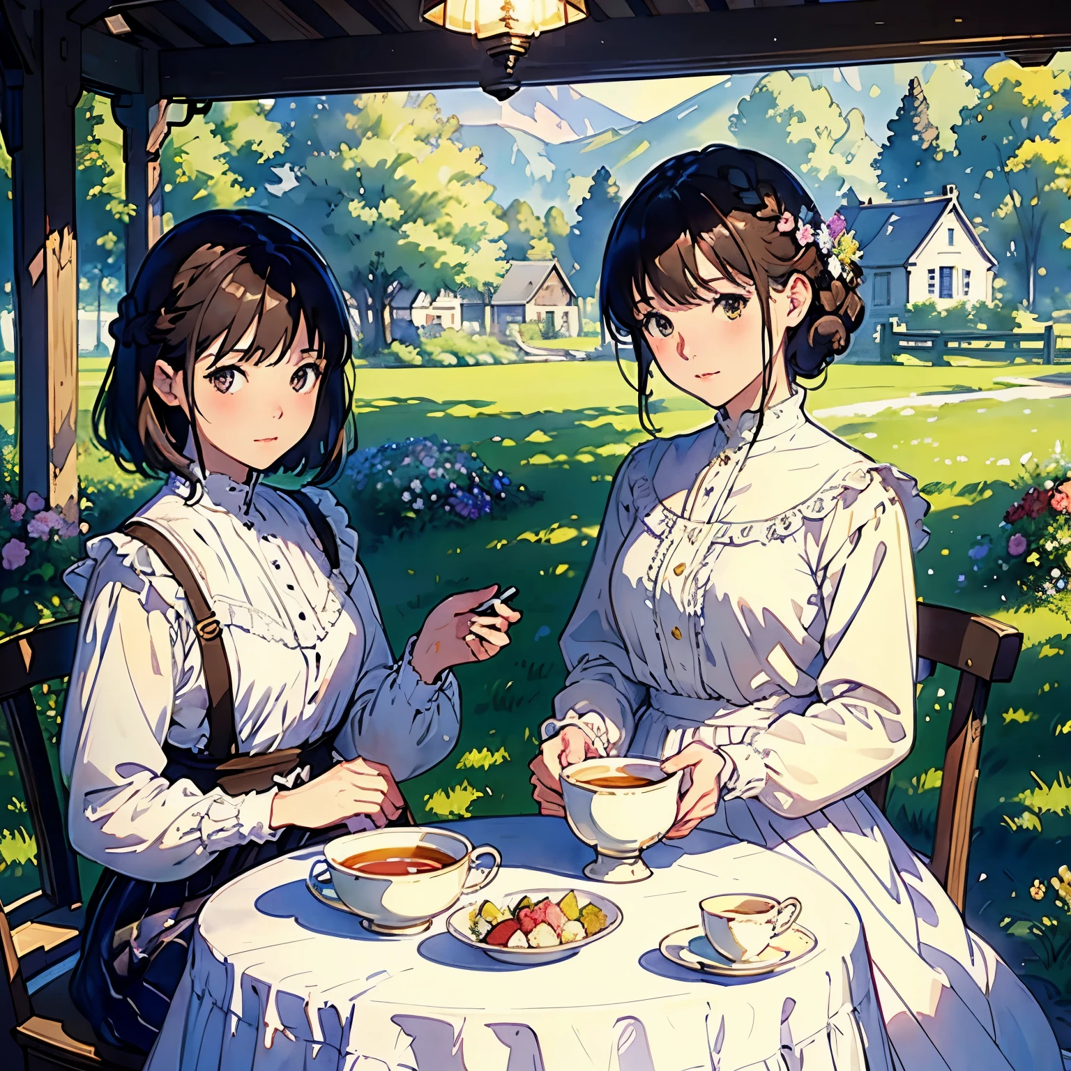 (highest quality、masterpiece、High resolution)、(Sargent style watercolor)、(anime art)、soft light、Views of the Cotswolds、old farmhouse、flowers bloom、(1 woman)、medium short hair、dark brown hair、braided hair、White blouse and long skirt、picnic、table、Tea set、drink tea、cinematic light、soft sunlight、blur the background、