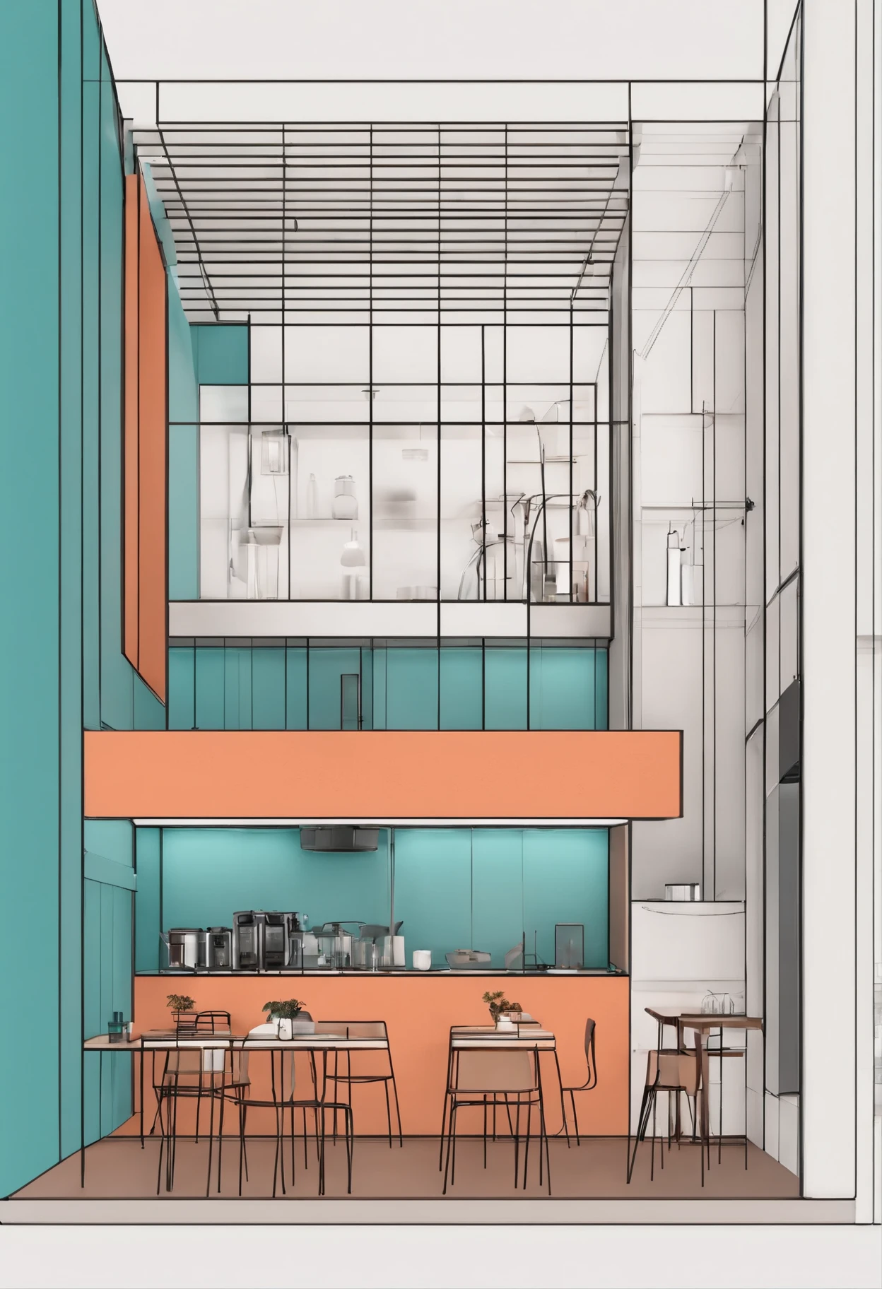 Minimalist micro cafe with architectural plan