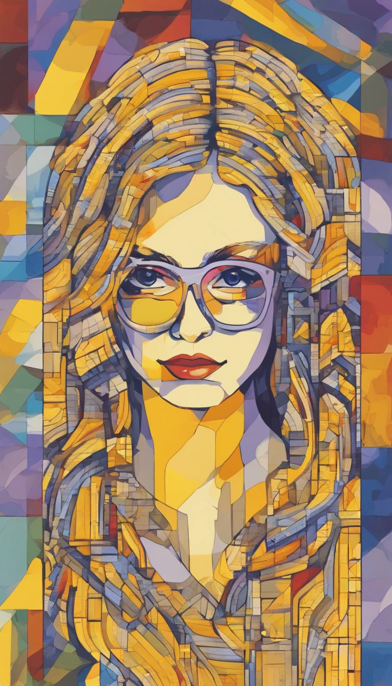 close-up scene partial front view; details in 8k; precision in details; Pablo Picasso style drawing. Wood splash; high color contrast; Abstract artistic drawing textured background of a beautiful woman with long wavy hair wearing square glasses; woman smiling with red lipstick, face more toned and rounded and with slight dimples near the mouth, wearing a black coat with a yellow t-shirt underneath looking to the right, lilac white colors in the environment, illustration, watercolor illustration, professional illustrator, best watercolors, ink and watercolor paintings, alcohol ink, vibrant colors, perspective view, centered, lines in perspective;