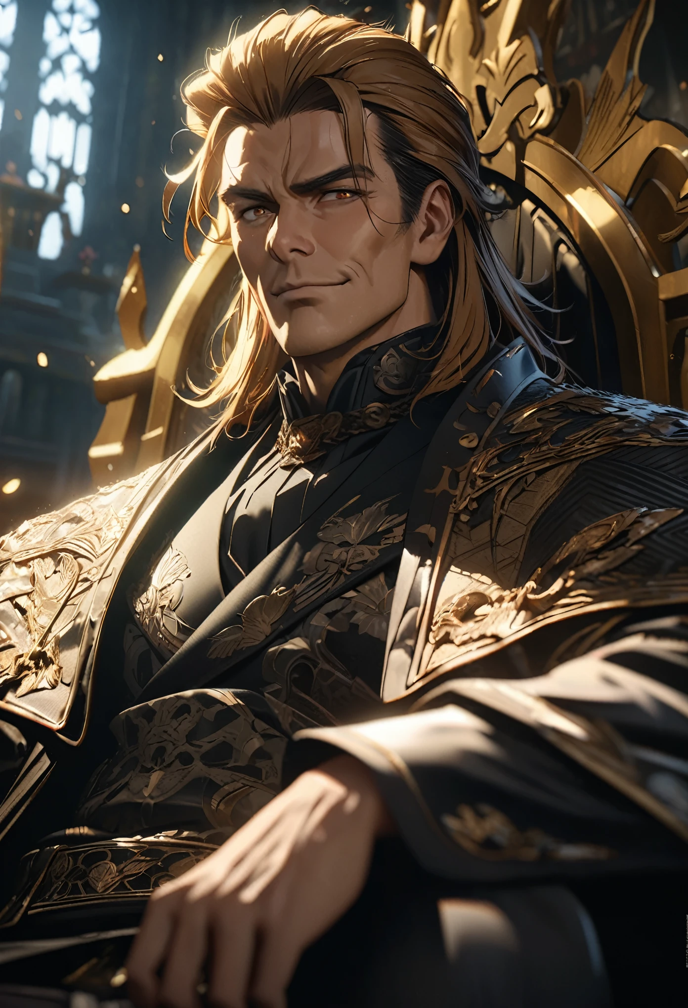 ((solo)), (man), confident smile, golden eyes, (ginger hair), ((manly)), medium hair, straight hair, (mature), (45 year old), sitting on a golden throne in a throne room, detailed key anime art, casimir art, masamune shiro, masamune, ((handsome)), handsome guy in demon slayer art, heise jinyao, shadowverse style, (no logos), (detailed western royal clothes), eye reflection, shiny hair, depth of field, cinematic lighting, ray tracing, depth of field, cinematic lighting, ray tracing, UHD, high details, best quality, highres, high quality, award winning, super detail, masterpiece, 8k, UHD, high details, best quality, highres, high quality, award winning, super detail, masterpiece, 8k
