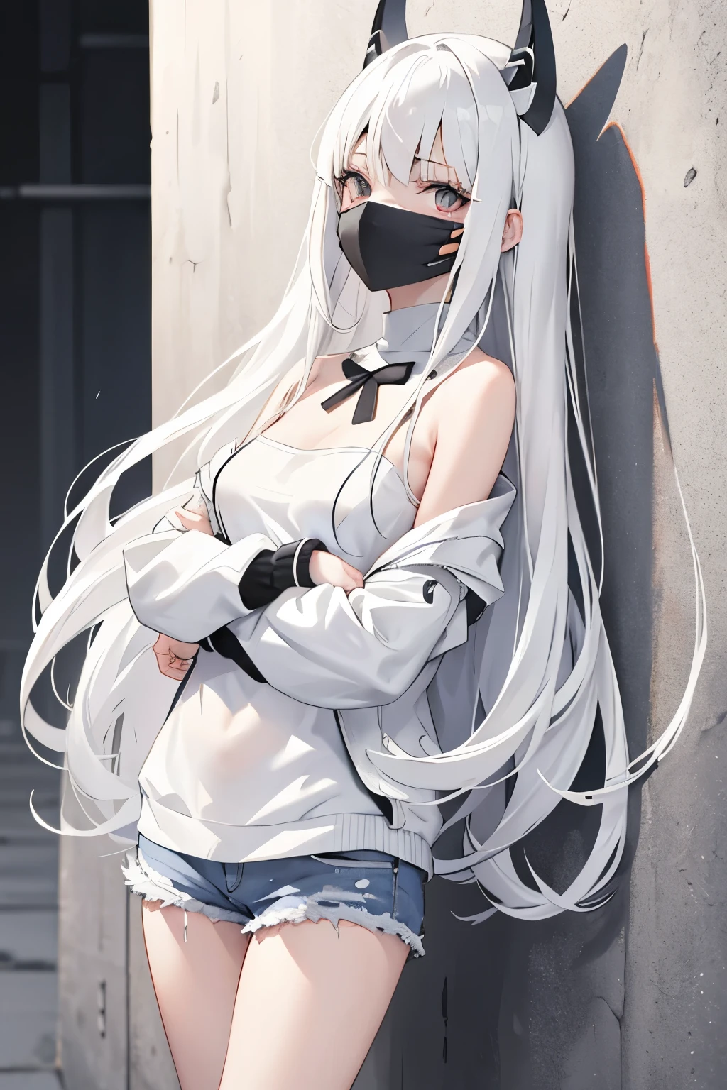 flat breast, long hair, solo, white hair, white sweater, bare shoulders, open jacket white, denim short, black face mask, leaning against the wall, 