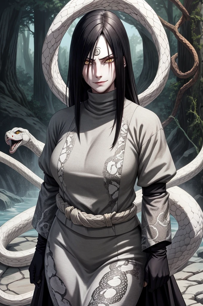 {-erro_de_anatomia:1.0} estilo anime, Masterpiece, absurdities, Orochimaru\(Naruto\), 1girl Solo, Mature woman, Oversized shirt with broad shoulders, Perfect composition, Detailed lips, large breasts, Beautiful face, body proportion, Blush, Long black hair, ( black hair), yellow eyes, Soft gauze, Super realistic, Detailed, photo shoot, Realistic faces and bodies, masterpiece, best quality, best ( white snake) illustration, hyper detailed, 1 girl, solo, glamorous, blushing, whole body, 