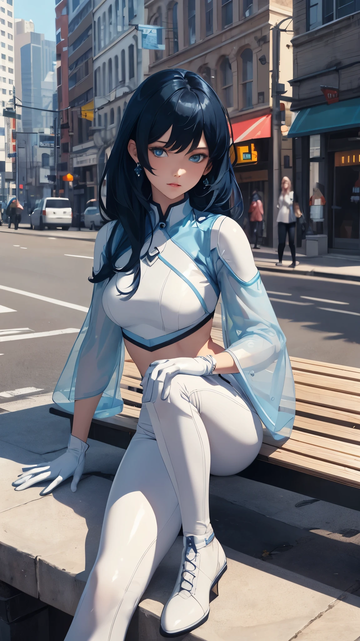 (Highly quality, masterpiece, detailed), city detailed scenario, city detailed background, solo, 1 woman, AeroMarvel, 1girl, solo, long hair, blue eyes, black hair, blue hair, white and light blue Leather cropped top, sleeves, white and light blue leather pants, White Gloves, sitting on a bench, beautiful eyes, Sexy pose