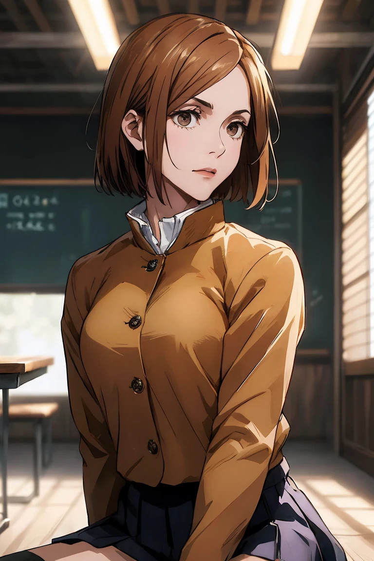 1girl, cowboy shot, beautiful Nobara, school_uniform, bangs, jacket,, volumetric lighting, best quality, masterpiece, intricate details, tonemapping, sharp focus, hyper detailed, trending on Art Station, 4k, upper body, backwards, sitting