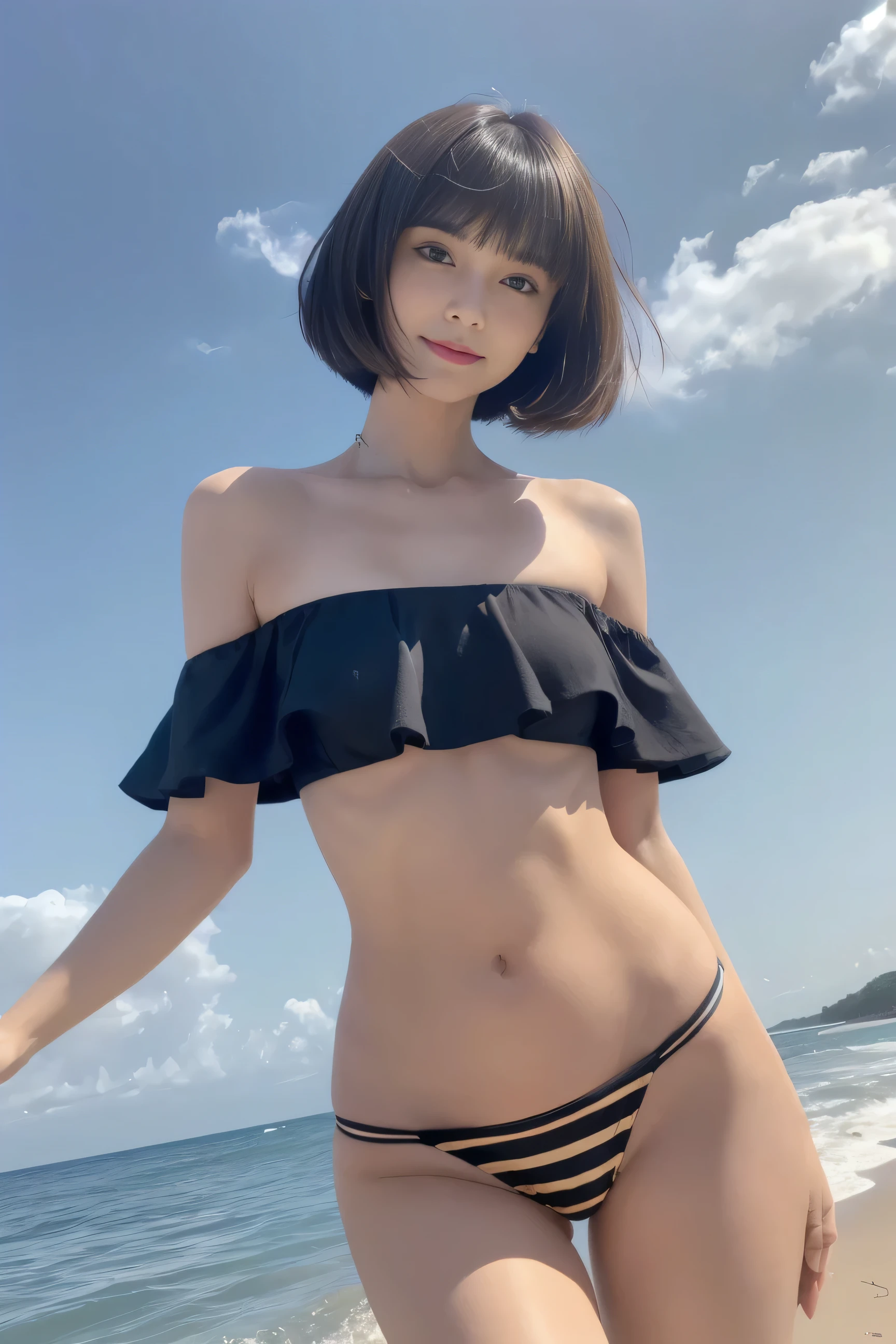 (((masterpiece, highest quality, Super detailed))), 1 female, (((very thin body))) , (((length, thin legs))), (((Nice black short hair, thick and fluffy bangs ))), (((highly detailed face))), cosmetics free, Small, thin nose, small thin mouth, (((Very sharp focused eyes))),  Japanese,  beautiful face, smile,(lifelike face),  beautiful hairstyle, realistic eyes, fine and beautiful eyes, (real looking skin), beautiful skin, charm, ultra high resolution, surreal, high detail, golden ratio, (detail makeup:1.2),(Striped off-the-shoulder bikini:1.1),tropical beach,sun,Ocean,,shot from below,perfect limbs,dynamic pose