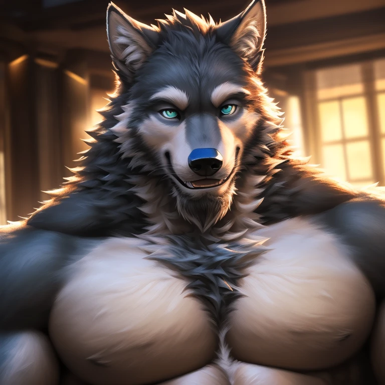 (solo, male:1.1, canine, wolf:1.1, werewolf, muscular, large muscles, large pectorals, mature male, older, facial hair, beard, happy, grey fur, teal eyes:1.1, body hair, full-body:1.1, by doooo2424), (best quality:1.2, 4k, 8k, highres, masterpiece:1.2), ultra-detailed, (realistic:1.37, photorealistic:1.37), HDR, UHD, studio lighting, ultra-fine painting, sharp focus, physically-based rendering, extreme detail description, professional, vivid colors, bokeh, portraits, wolf-human hybrid, strength, power