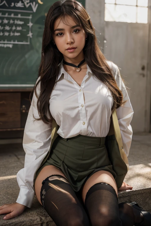 ulzzang-6500-v1.1, (photorealistic:1.4), beautiful detailed girl, very detailed eyes and face, beautiful detailed eyes green olive, huge file size, super detailed, high resolution, very detailed, best quality, masterpiece, ((american girls' high school uniform)), illustration, very detailed, CG, unified, 8k wallpaper, amazing, Fine details, masterpiece, best quality, very detailed CG uniform 8k wallpaper, light on face, cinematic lighting, 1girl, 25 years old, (arab model), choker black, ((no panties)), ((dynamic pose))), (half), (pantyhose), (knee-bending leg sitting))
