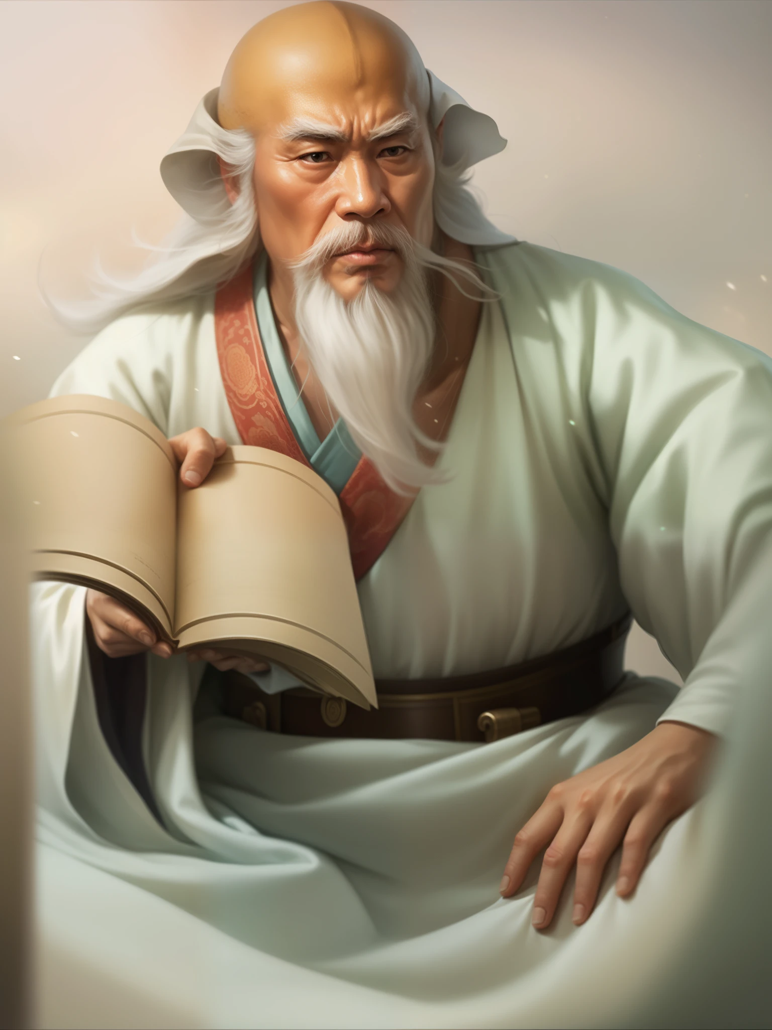 A painting，The painting shows a man with a long beard holding a book, Inspired by Hu Zaobin, inspired by Wu Daozi, by Li Zai, by Ni Yuanlu, wise old man, author：Kim Young Hwan, author：Lu Zhi, by Qu Leilei, Inspired by Cao Zhibai, by Zhang Lu, by Cao Zhibai