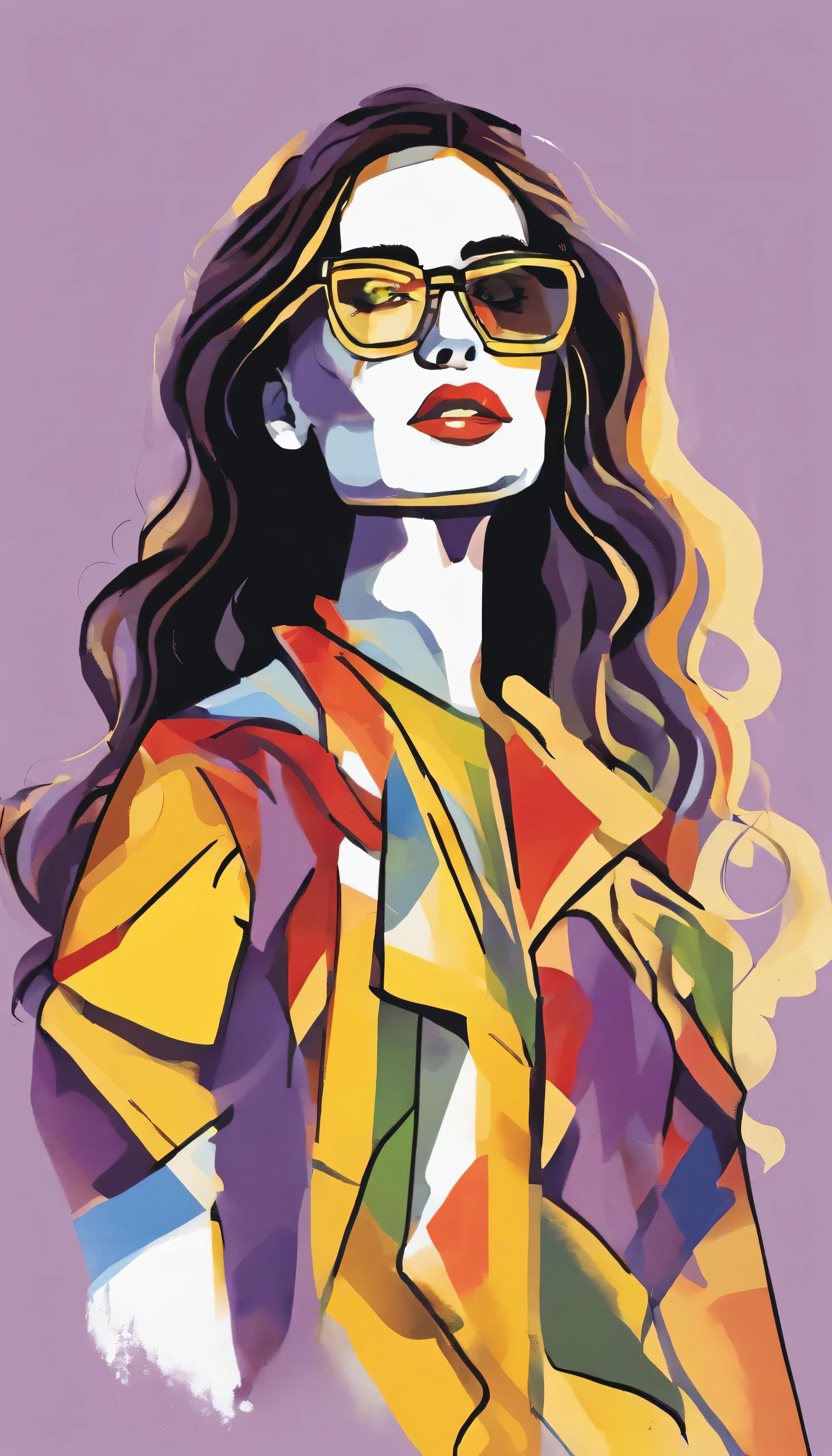 Partial front view of the scene; details in 8k; precision in details; Pablo Picasso style drawing. Wood splash; high color contrast; Abstract artistic drawing textured background of a brunette woman with long, wavy hair wearing square glasses, woman smiling with red lipstick, face more toned and rounded and with slight dimples near the mouth, wearing a black coat with a yellow t-shirt underneath looking at the right, lilac white colors in the environment, illustration, watercolor illustration, professional illustrator, best watercolor, ink and watercolor paintings, alcohol ink, vibrant colors, perspective view, centered, perspective lines,
