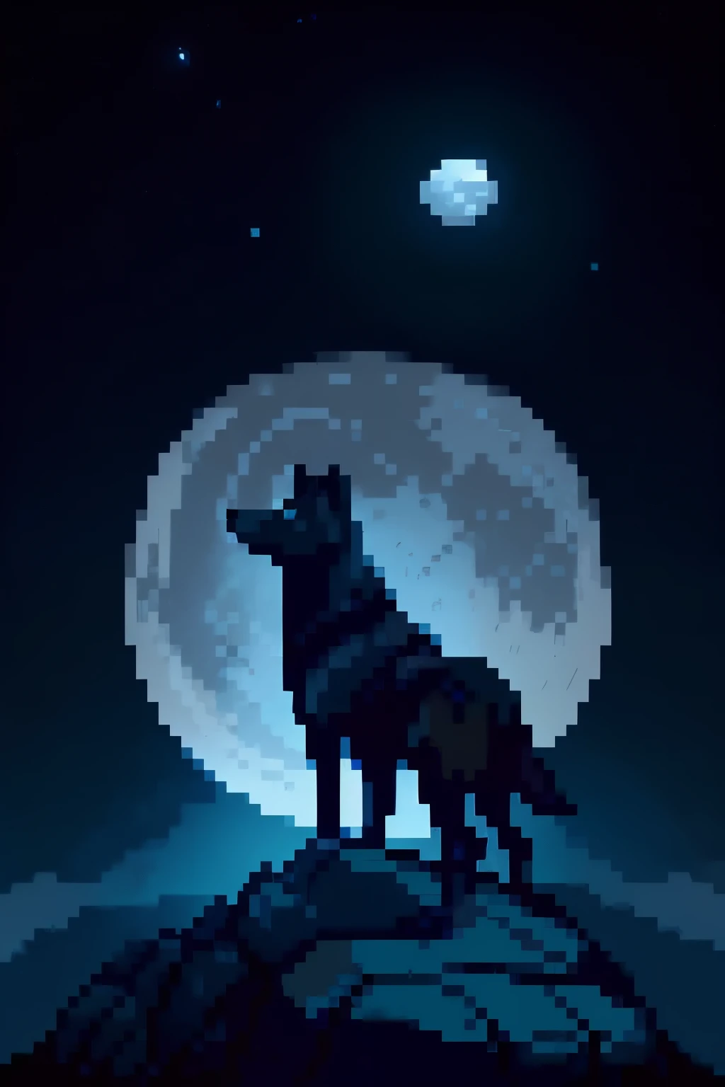 Create a pixel art scene of a lone wolf standing on a rocky hill, silhouetted against a night sky. The full moon is prominently displayed in the sky, casting a soft glow. The wolf's posture suggests it's howling, with pixelated details capturing its wild and rugged appearance. Use a limited color palette to convey the nighttime atmosphere, emphasizing shades of blue and gray for the sky and rocks. The moon should be a focal point, radiating light onto the scene and highlighting the contours of the wolf's silhouette.