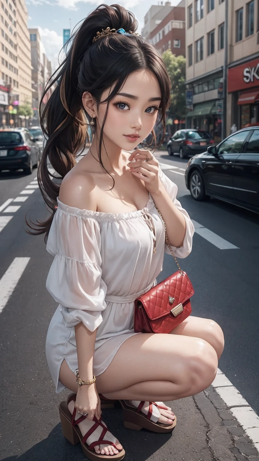 (best quality,4k,8k,highres,masterpiece:1.2),ultra-detailed,(realistic,photorealistic,photo-realistic:1.37),professional,brunette girl,pigtails,beautiful,female portrait,short pink dress,white panties,sitting,bus stop,foot focus,urban scene,vivid colors,soft sunlight,street environment,city view,pink flowers,brown hair flowing,pure skin,innocent expression,captivating smile,playful eyes,slim figure,long legs,curious onlookers,impeccable composition,high dynamic range,crisp details,subtle shadows,bokeh effect