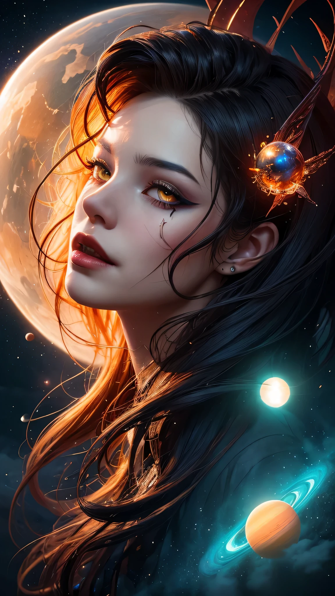 psychedelic, NSFW Horror, Bloody, Scary, Spooky, Fantasy space, Multiple planets, Fantasy Galaxy, 1girl in, full body Esbian, Portrait, Beautiful, Rainbow Light, Magical, High quality, Neat face、nice nose,Nice mouth,sea of clouds、the morning sun、Red and yellow、Splash Art、Lightning,[(Art by Android Jones:1.2)]、ultra-detailliert、Beautifully Aesthetic、​masterpiece、top-quality、ighly detailed、Most Beautiful Form of Chaos、elegent、vivd colour、barroco、Complex pattern、dynamic ungle