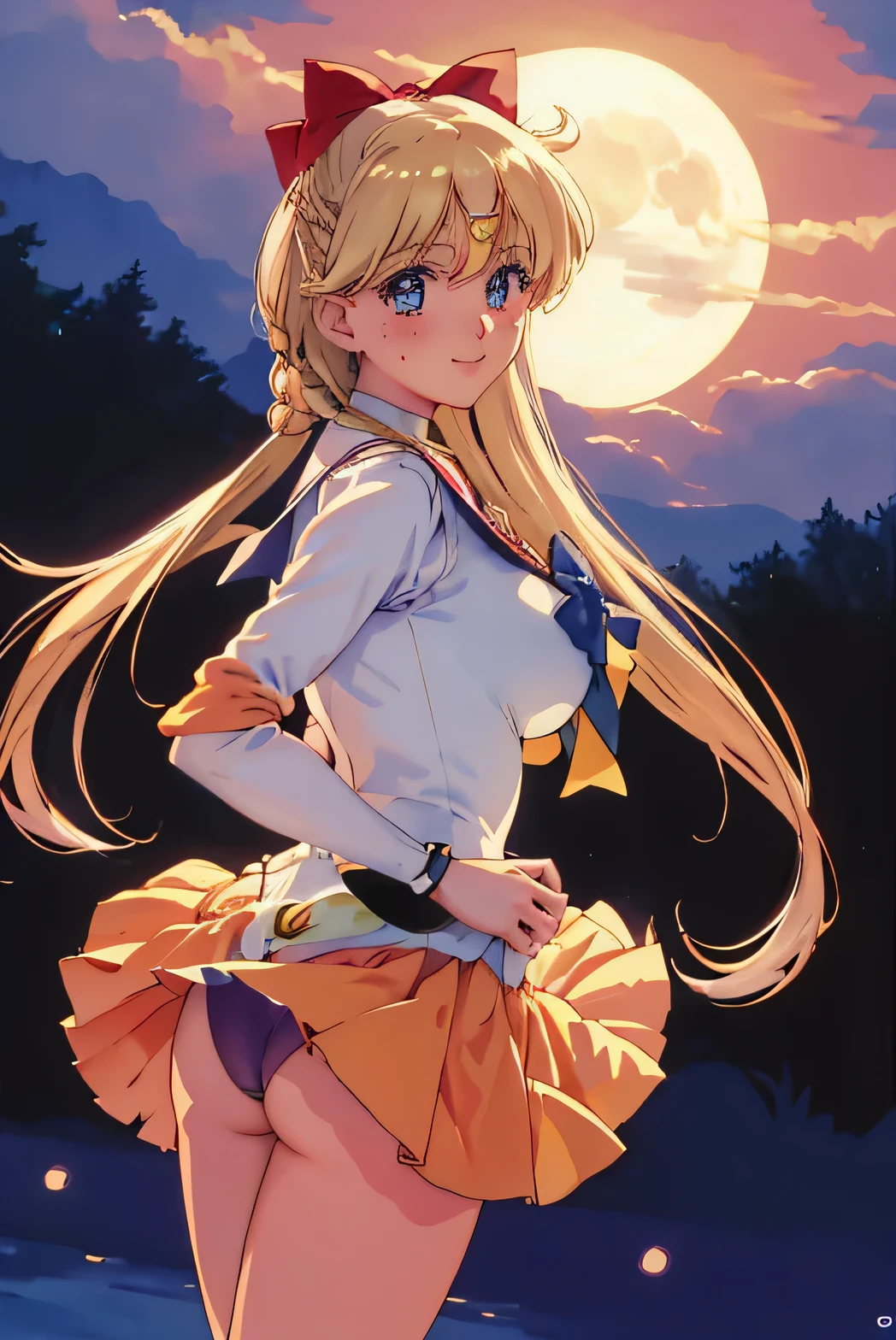 Delicately drawn eyes, masterpiece, highest quality, High resolution, SV1, sailor warrior uniform, orange skirt, elbow bag, tiara, pleated skirt, mini skirt, red bow, orange choker, white gloves, jewelry, city, night, moon, cowboy shot, Are standing,back view, stick out one&#39;s butt, Show panties, colorful, 1 girl,at the park, night scene, evening,joy,origin,(beautiful face),(realistic face, perfect eyes,1.1),analog style,RAW,real life photo,medium quality,normal aesthetic,break,1girl,(japanese girl:1.1),(round face:1.3),break,(intricate underwear),(masterpiece, highest quality, 16K), delicate, Detailed, Sharp, 1 girl, Yunyun,long hair,Braid,twin tails,hair between eyes,hair ribbon,hair ornaments,big breasts,(cape:1.2),tie,shirt,pink shirt,long sleeve,belt,pink skirt,pantyhose,loafers,brown footwear, big breasts, blush, smile, looking at the viewer, ((A 1990s-style painting:1.3)), skirt lift, panties, impressionism, professional lighting