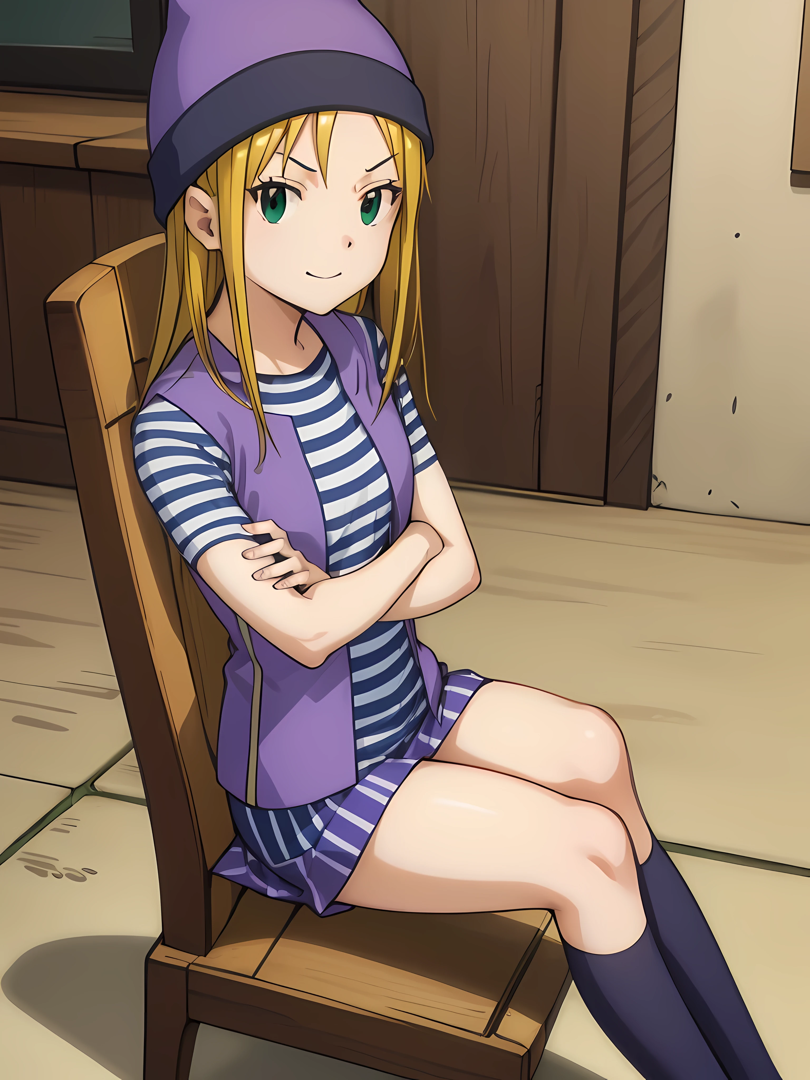 kotoriitsuka, izumi orimoto, long hair, (green eyes:1.5), blond hair, ahoge, (medium size breast:1.2),
BREAK (purple vest), ( blue white striped shirt), vest (purple vest), monocromatic clothes, purple beanie, purple vest, purple miniskirt, blue white striped shirt, long purple socks, sneakers, purple vest, striped shirt, beanie, cat hat
BREAK looking at viewer, (sitting:1.5), throne, from below, smile, angry, chair, crossed arms,
BREAK indoors,
BREAK (masterpiece:1.2), best quality, high resolution, unity 8k wallpaper, (illustration:0.8), (beautiful detailed eyes:1.6), extremely detailed face, perfect lighting, extremely detailed CG, (perfect hands, perfect anatomy),