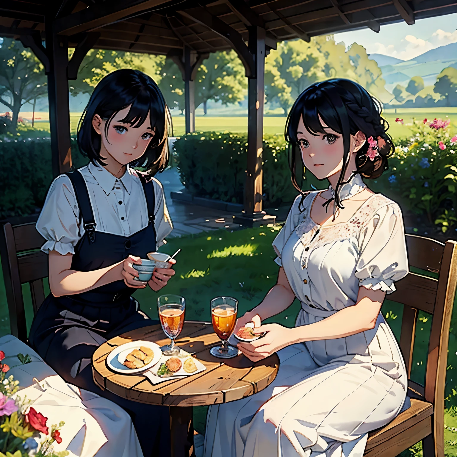 (highest quality、masterpiece、High resolution)、(Sargent style watercolor)、(anime art)、soft light、Views of the Cotswolds、old farmhouse、flowers bloom、(5 women)、medium short hair、dark brown hair、braided hair、White blouse and long skirt、picnic、table、Tea set、drink tea、cinematic light、soft sunlight、blur the background、