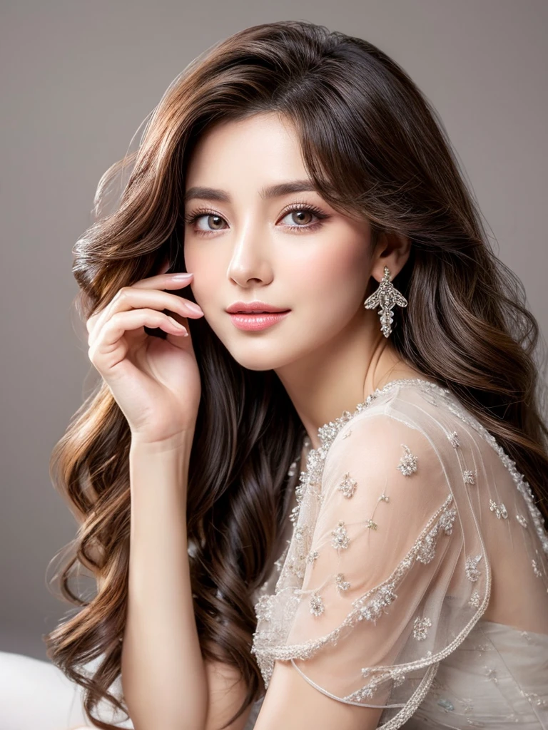 A woman, 30 years old, Mature, Super textured hair, Extra long wavy hair, Single ear front hair, Nice face, Super detailed eyes, Grow eye hair, shining pupils, Charming eyes, Beautiful and delicate lips, seductive smile, A light blush, Very detailed face, Extra detailed body, High quality real skin texture, Soft textured skin, Semi-sheer chiffon clothing, High heel, High quality legs, Super high quality fingers,