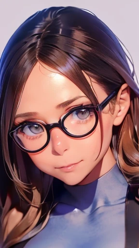 highest quality、realistic、Japanese、girl、zoom、look up、cute、gray eyes、long hair、brown hair、all back、Forehead is coming out、glasses、leotard、face close up