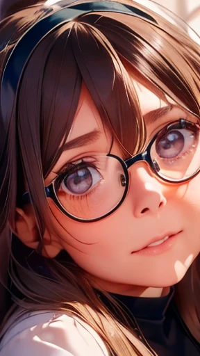 highest quality、realistic、Japanese、girl、zoom、look up、cute、gray eyes、long hair、brown hair、all back、Forehead is coming out、glasses、leotard、face close up